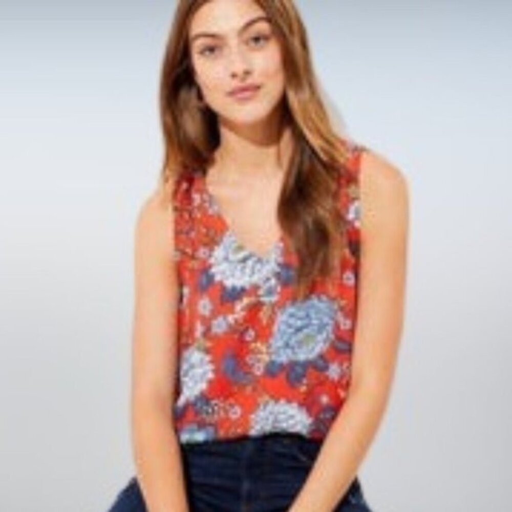 Loft Red Floral V Neck Sleeveless Top Blouse Petite Medium